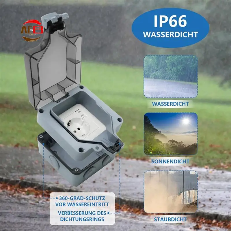 

AEE3-наружная розетка, водонепроницаемая розетка, односторонняя уличная розетка IP66, индикатор переключателя и навесная крышка, запираемая вилка европейского стандарта