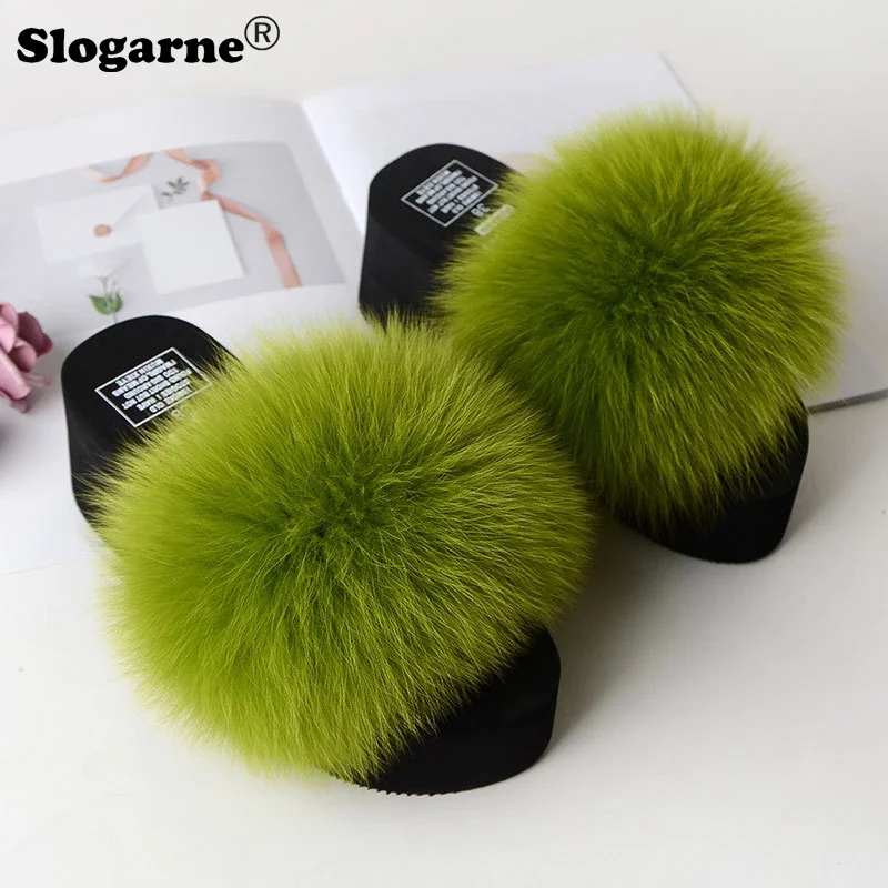 Ladies Modern Fox Fur Slippers Women Fashion Outdoor Fur Slides 5cm Thick Sole Summer Platform Shoes Girls High Heels Flip Flops