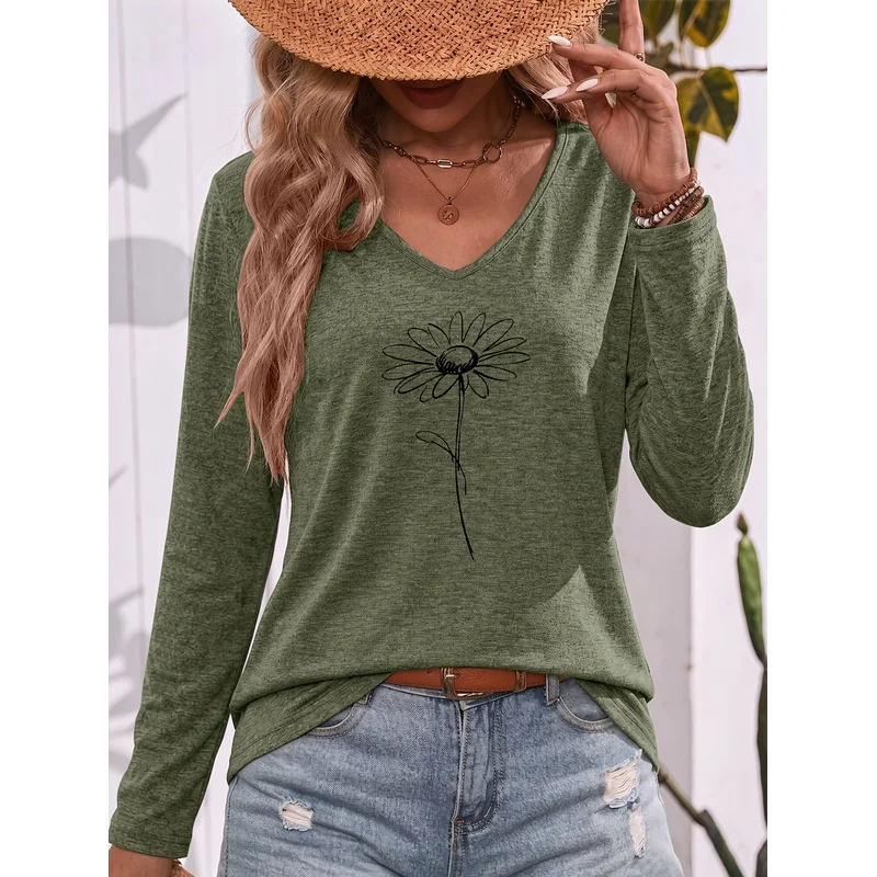Casual Relaxed V Neck Long Sleeve T Shirt With Daisy Print Minimalist Hand Drawn Style Colored Fabric Natural Vibe Perfect For D