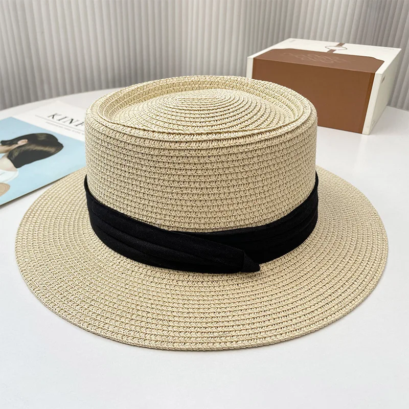 Women\'s Summer Seaside Sun Shading Straw Hat Holiday Outing Wide Brim Cap Beach Weaving Anti-ultraviolet Sun Hat Bow Caps