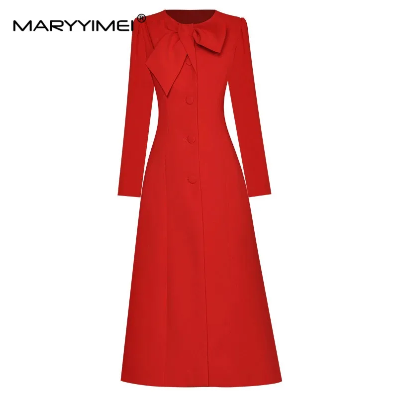 

MARYYIMEI Fashion Runway dress Autumn Winter Women Dress O-neck Bow Long Sleeve Single Breasted Split Thickened Red Dresses