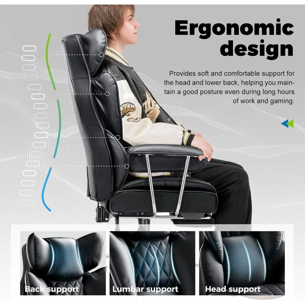 كرسي ألعاب جلدي مريح عالي الظهر مع مسند للقدمين وجيب جانبي للمستخدمين الكبار والطويل #3