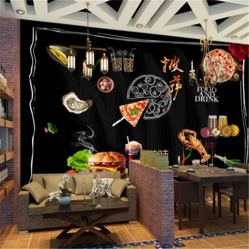 Custom Snack Bar Wall Mural Wallpaper 3D Hamburger Pizza Burgers Western Fast Food Restaurant black Background Wall Paper 3D