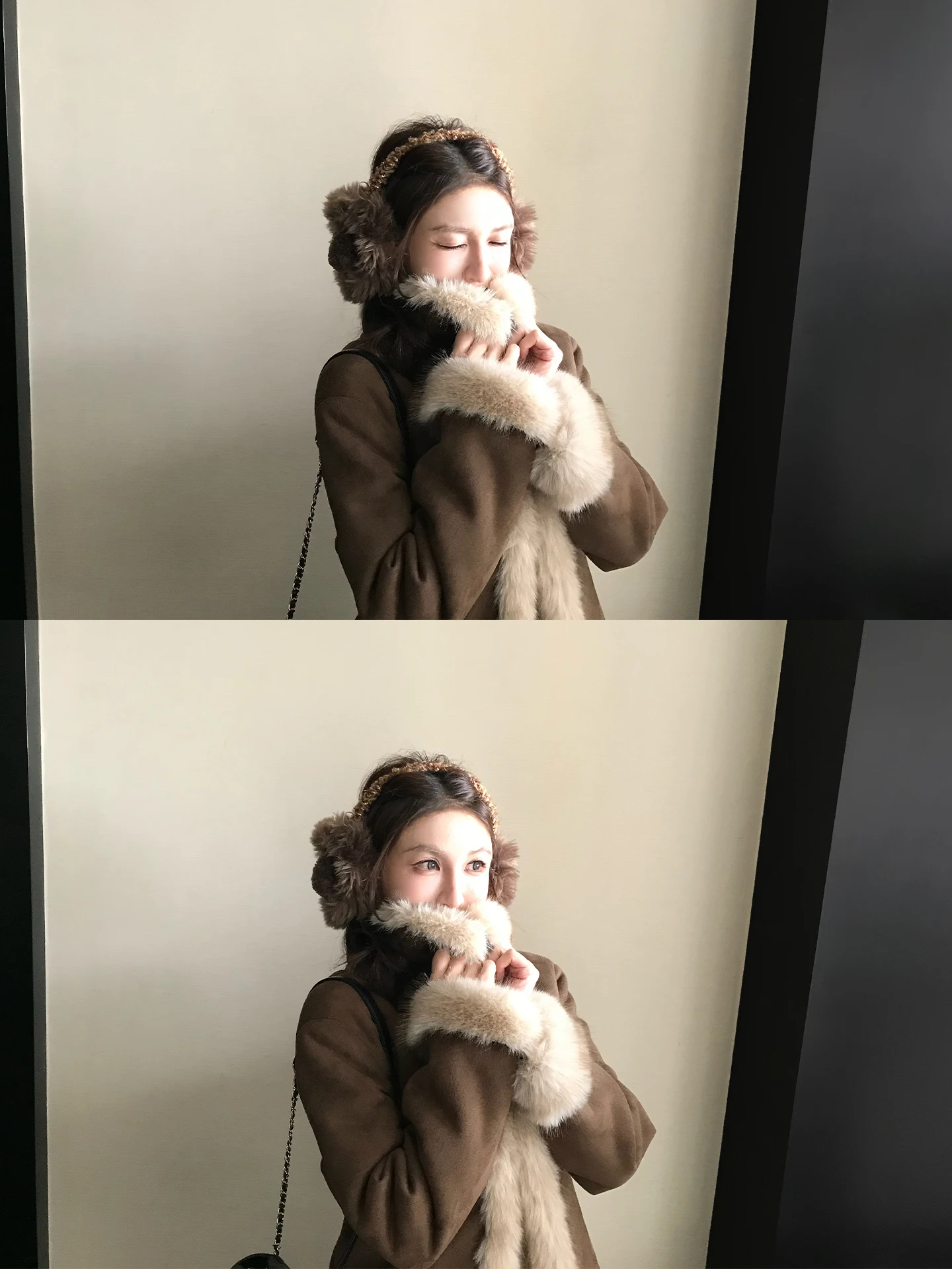 Skk Store ココアスエードファージャケット レディース 一体型レザーとファー エアレイヤードフェイクファーコート ヴィンテージスタイル長袖コート