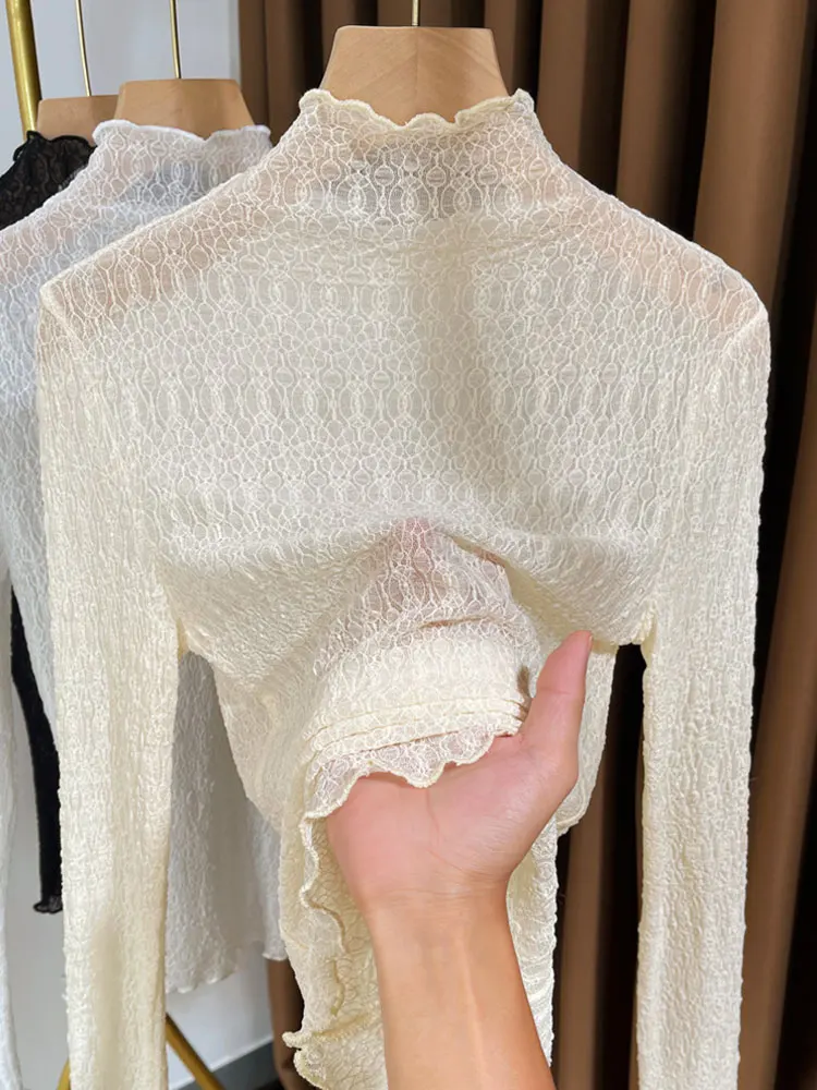 

Женская модная базовая блузка с рюшами и кружевом из тонкой сетки, летне-осенняя, в корейском стиле, приталенная, с длинным рукавом, цветная