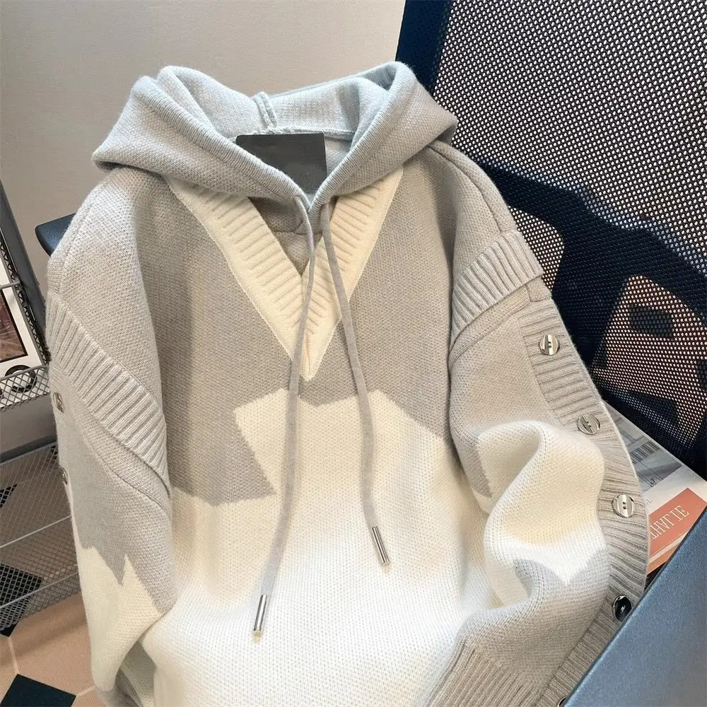 

American design niche contrasting color hooded knitted sweatshirt men women trendy brand vintage fake twopiece sweater jacket