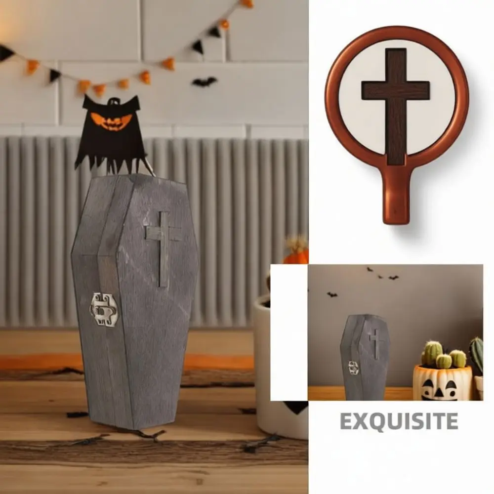 Wooden Jewelry Storage Organizer Gothic Coffin Design Cross Carved Trinket Box Desktop Decor Halloween Accessory