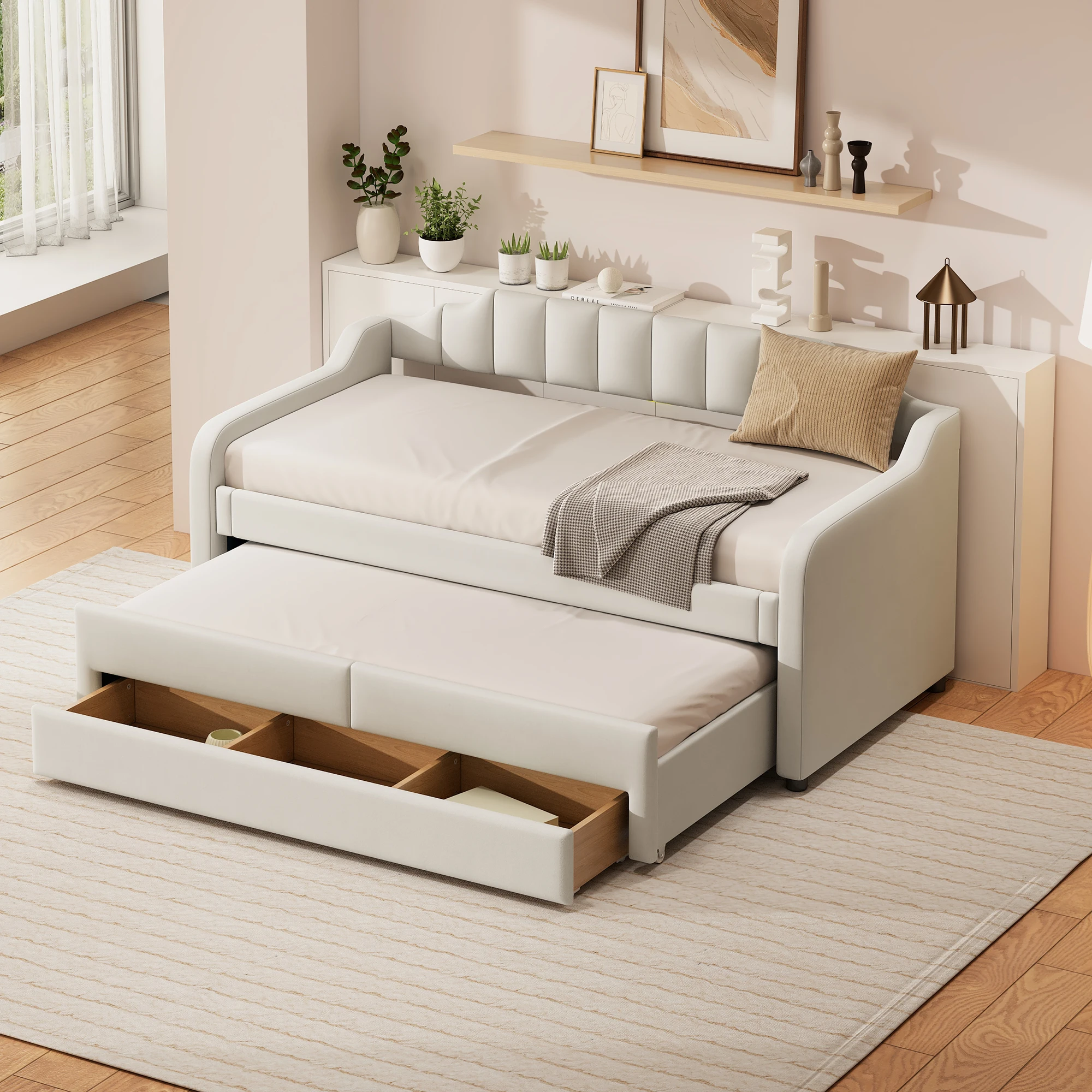 90x200 cm (190 cm) daily bed, padded single day bed with roll container, day bed with drawers, beige