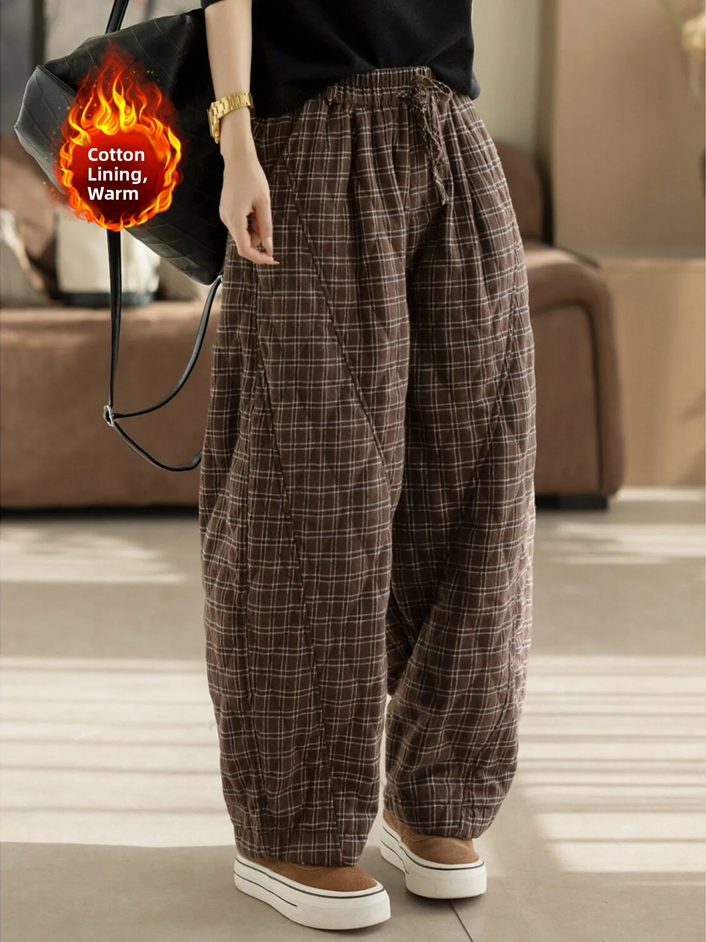 Winter New Plaid Cotton Warm High Waist Harlan Pants Women's Large Size Fashionable Artistic Popularity Trousers
