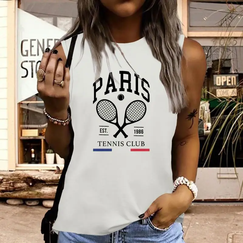 

Paris Tennis Club Print Women's Fashion Sports Tank Tops Summer Running Vest Gym Clothing Casual Singlets