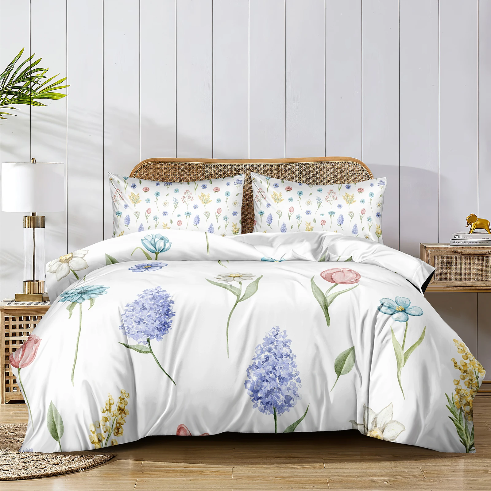 Blue Floral Duvet Cover Set Boho Botanical Bedding Set 3 Pieces Summer Pastoral Bedding Set Home Textiles