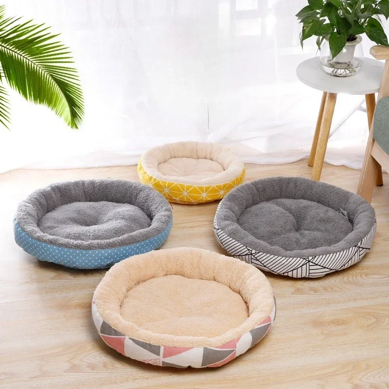 Round Dog Bed House Dog Mat Long Plush Cats Nest Dog Basket Pet Cushion Soft Warm Sleeping Pets Supplies All Seasons Universal