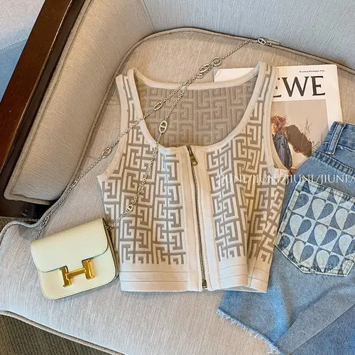 Imagen 2 del producto Cárdigan sin mangas de punto con cremallera Jacquard y letras elegantes de verano para mujer, Tops ajustados Vintage con cuello cuadrado sin mangas