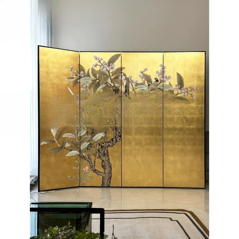 Chinese national style hand-painted gold foil loquat flowers and birds medieval folding screen living room tea room decoration