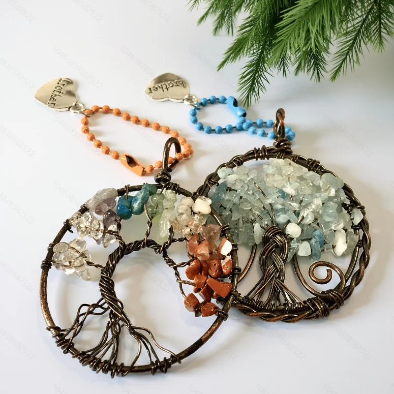 Colorful Crystal Chips Wire Wrapped Tree of Life Pendant Necklace Bag Charm DIY Jewelry Accessory Valentine's Day Gift 6.5x5cm