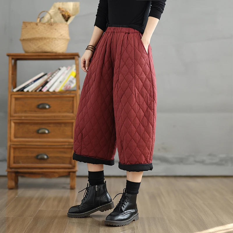 レッドカジュアルウォームダウンコットンパンツレディースプラスサイズハイウエストスリムファッショナブルストレートレッグワイドレッグトラウザーズ