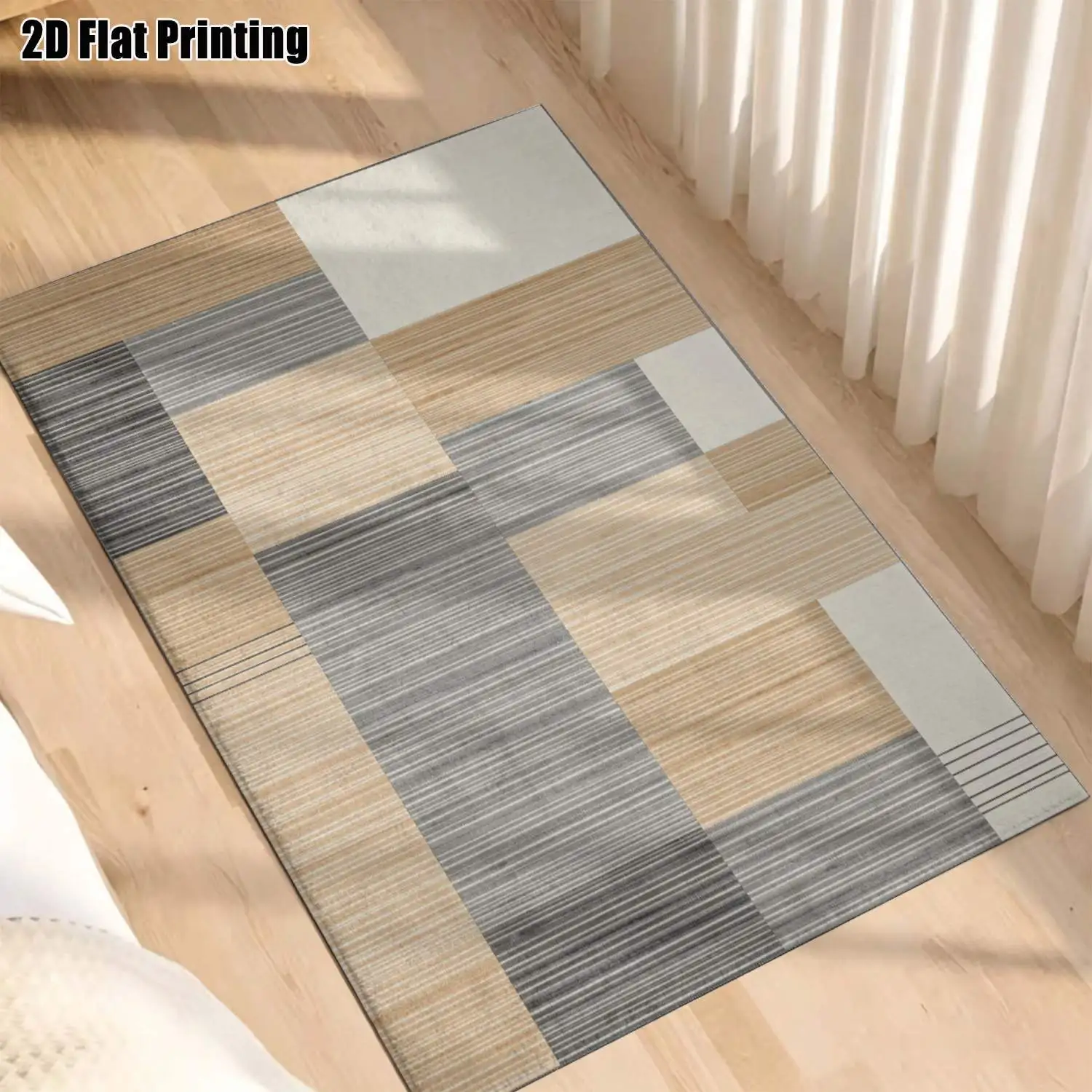1Pc 2D Printed Beige Geometric Striped Nordic/Instagram-Style Modern Minimalist Carpet, Home Decor Floor Mat, Multiple Sizes, Machine-Washable, for Entrance, Dining Room, Foyer, Bedroom, Living Room