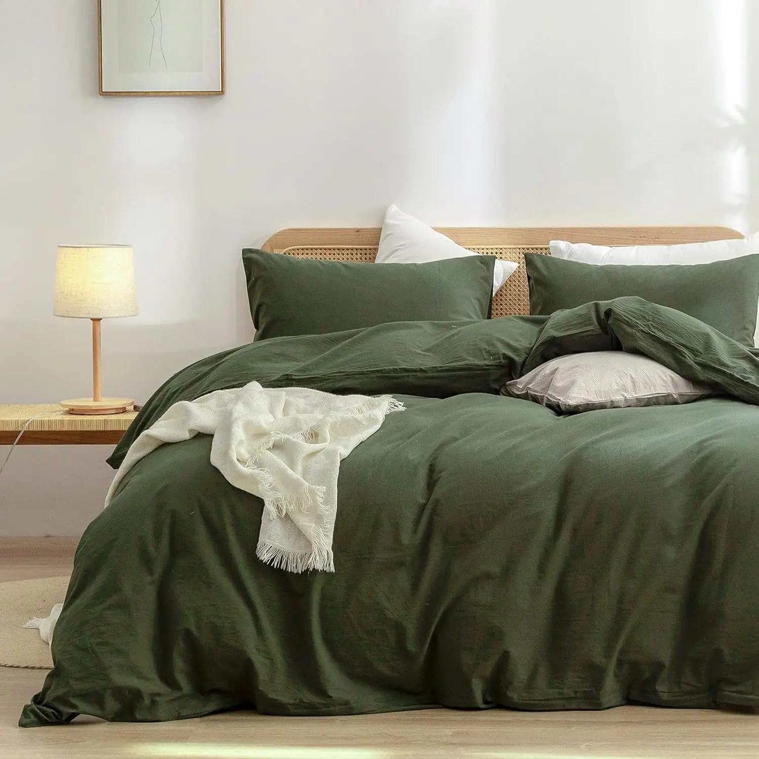 

100% Washed Cotton Duvet Cover Set, Super Soft Linen Feel, Olive Green King Size 3-Piece Bedding