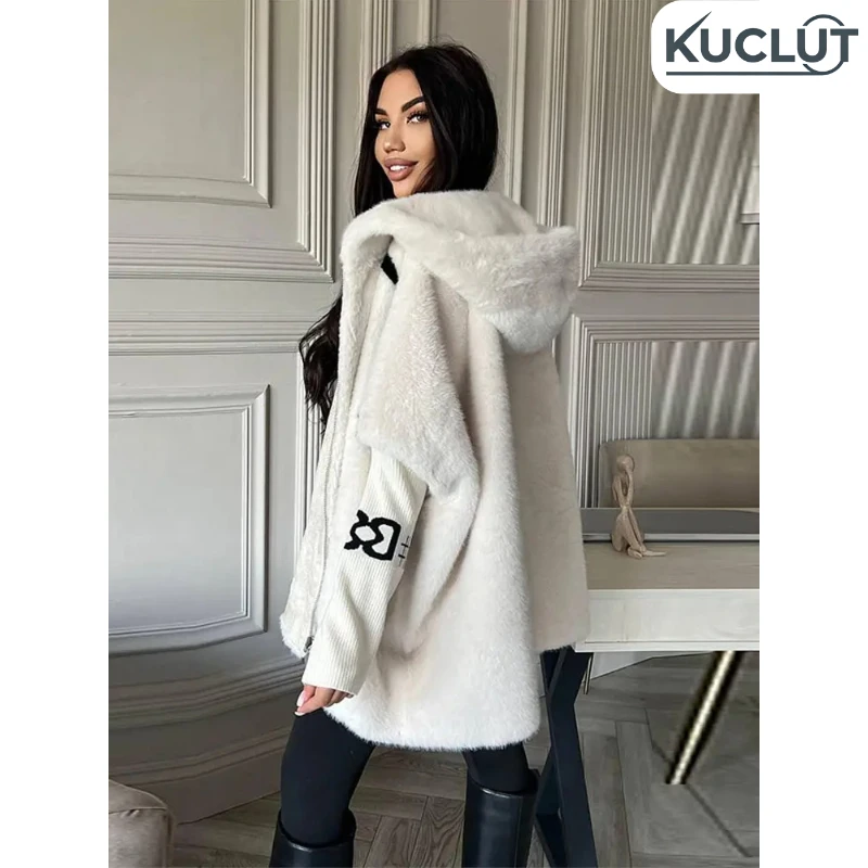 Casual Faux Fur Oversized Hooded Coat For Women Fashion Patchwork Knitted Sleeves Zipper Jacket 2025 Fall Winter Warm Outerwear