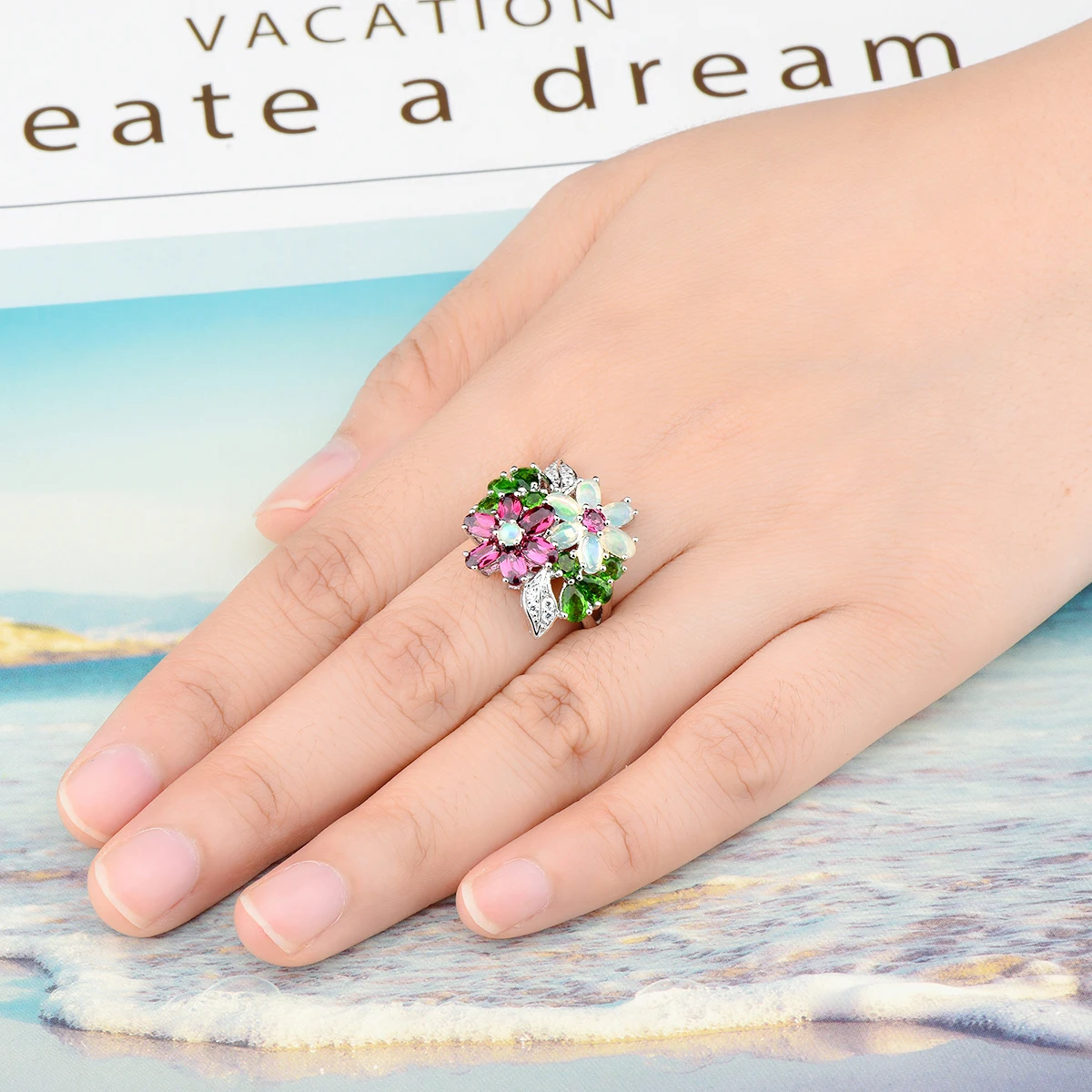 Natural Rhodolite Garnet Opal Solid Sterling Silver Rings 4 Carats Genuine Multicolor Gemstone Diopside Gorgerous Fine Jewelrys