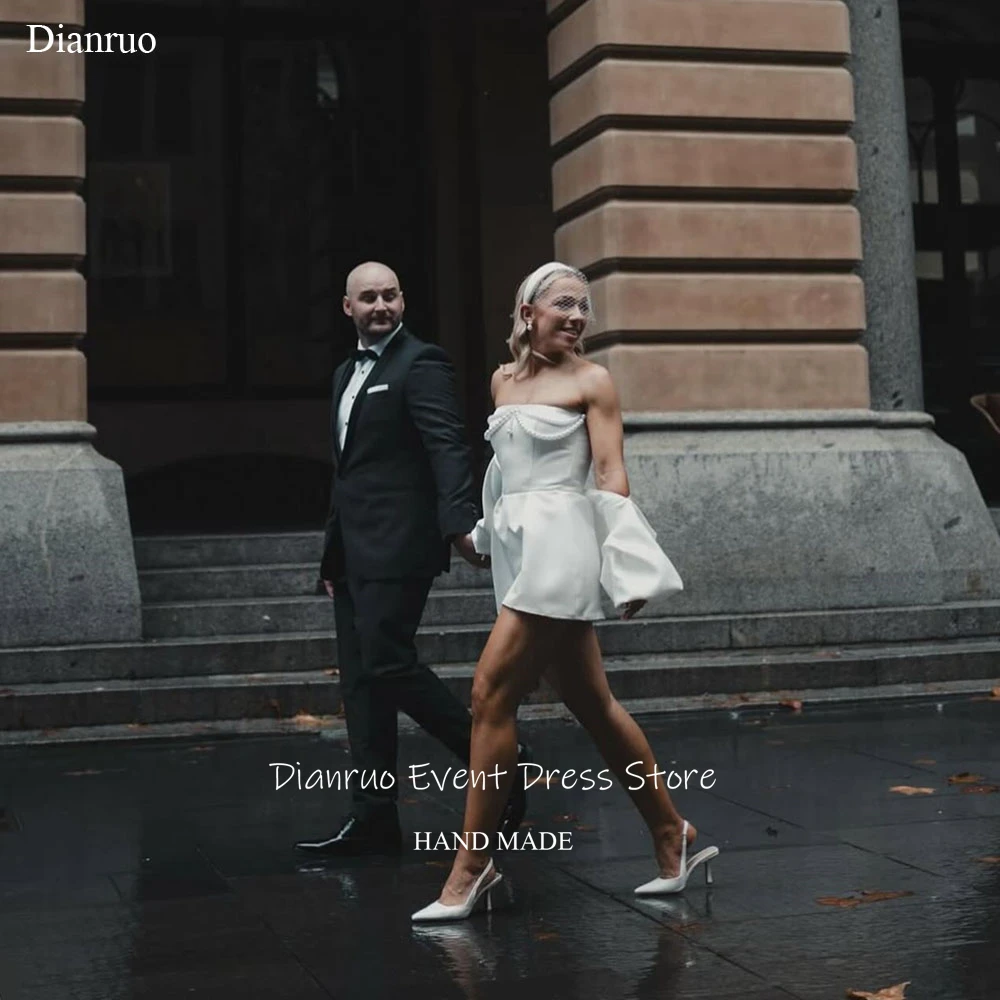 

Dianruo Modern Strapless Neckline Wedding Dress A Line White Vestido De Noiva Mini Pearls 2026 Homecoming Dresses Customized