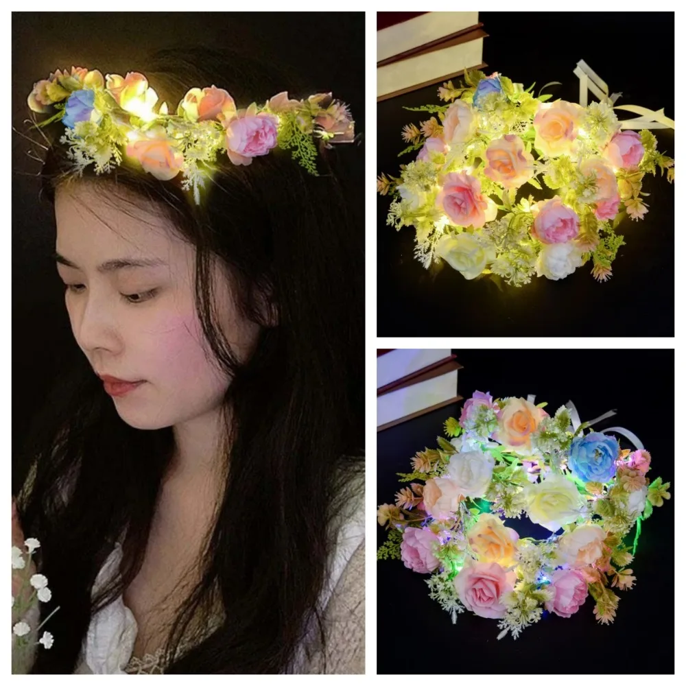 

Flower Crown Hairband Wreath Headband LED Light Garland Glowing Simulation Rose Flower Hair Hoop Flora Tiara Photo Props