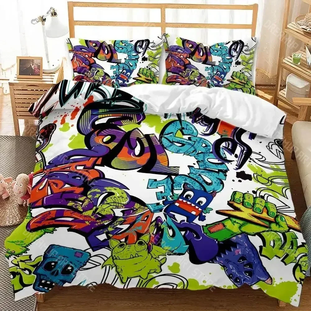 2026 3D Print Hip Hop Duvet Cover King Queen Size Color Street Culture Wall Graffiti Art Rock Music Sports Polyester Bedding Set