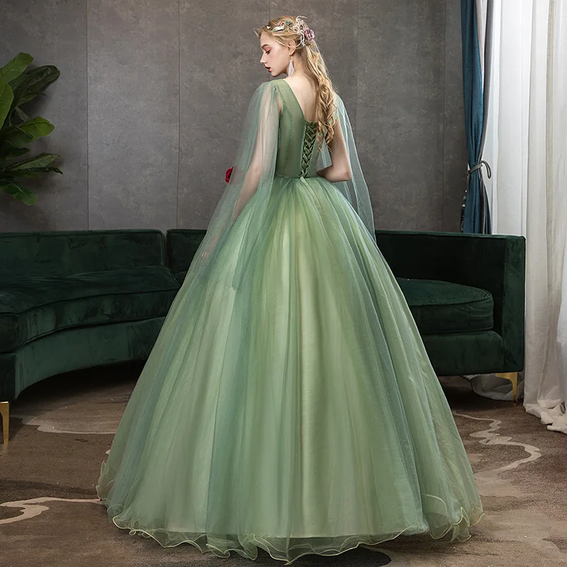 Olivgrüne Spitzenapplikationen, Ballkleider, Quinceanera-Kleider mit Umhang, Perlen, Partykleid, Ballkleider, Vestido De 15/16 Jahre