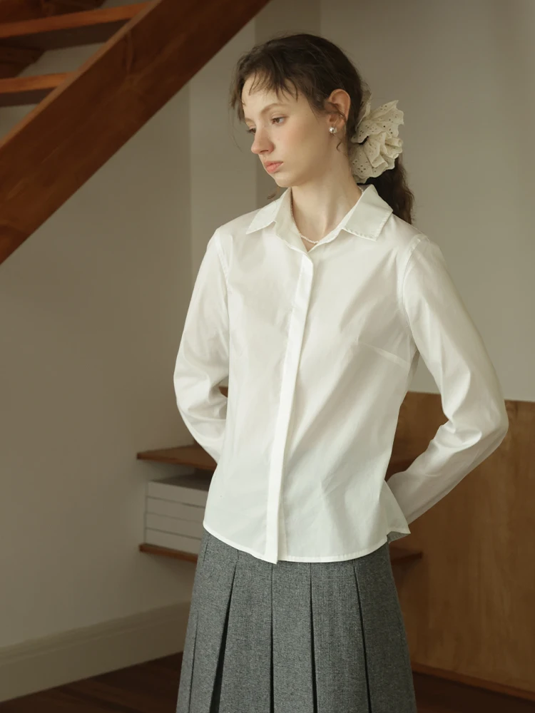 

Slimming Effect White Shirt Women's Spring Style Commute Long Sleeve Shirt Waist-Cinching Layering Business Casual Cotton Blend