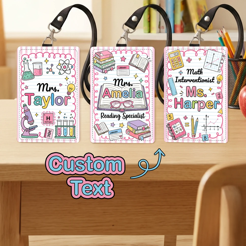 Custom Text Teacher ID Badge Holder With Lanyard,Subject Science Math Reading Pattern,Teacher Appreciation Souvenir Gift