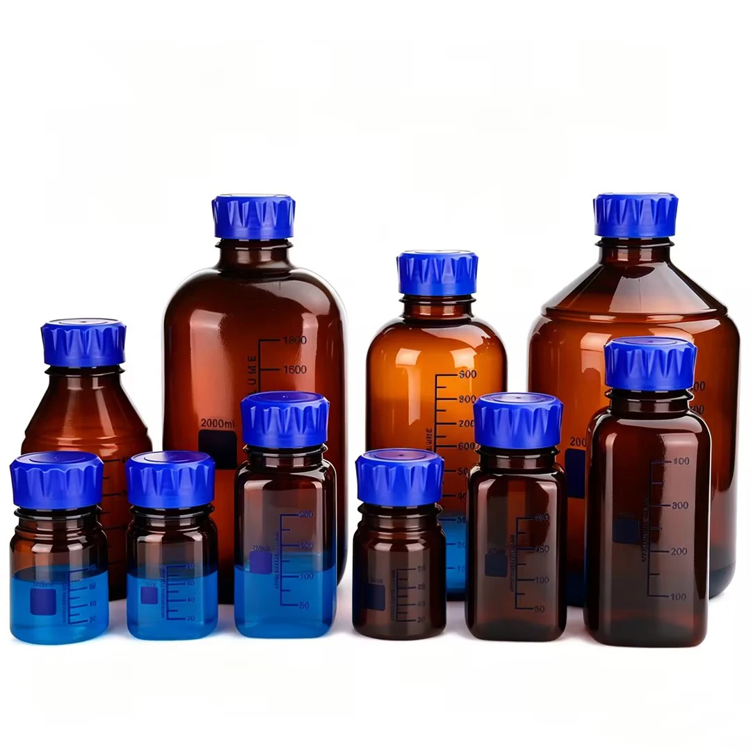 GL45 laboratory screw plastic bottle chemical reagent bottle Brown light-proof bottle PP polypropylene blue cap bottle  blue cap