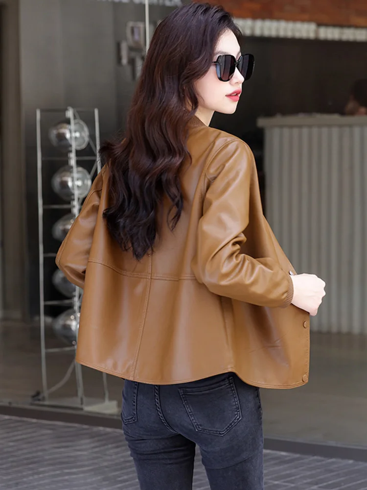 New Women Casual Leather Jacket Spring Autumn Fashion Patchwork V-Neck Single Breasted Loose Short Outerwear Split Leather