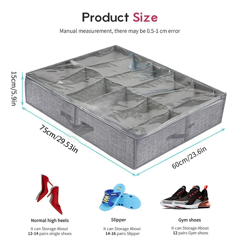 1 Piece Under Bed Shoe Storage Organizer, can accommodate 12 to 16 pairs of shoes, with transparent window, breathable, foldable