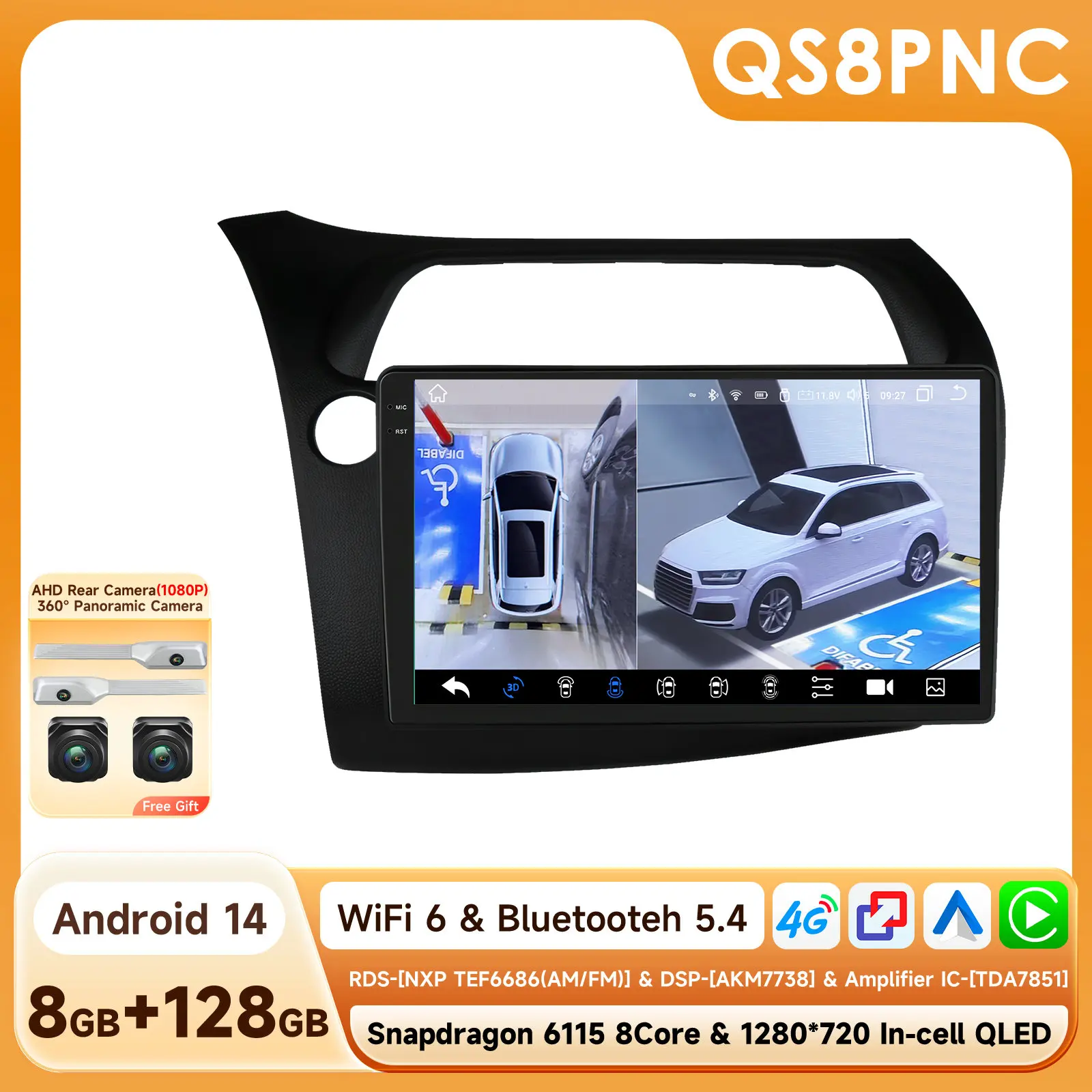 360 Camera Android14 Autoradio Voor Honda Civic Hatchback 2005 - 2011 Auto Multimedia GPS 4G Carplay Intelligente scherm autoradio