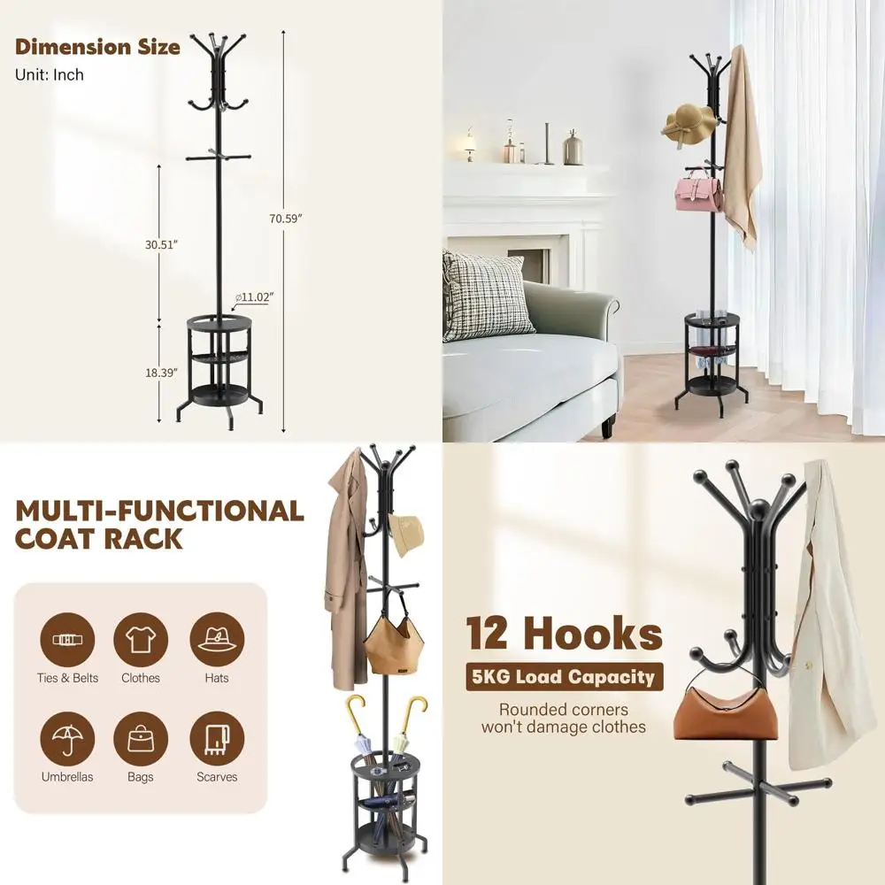 

Металлическая вешалка для одежды на 12 крючков с подставкой для зонтов, идеально подходит для прихожих, спален, гостиных и офисов