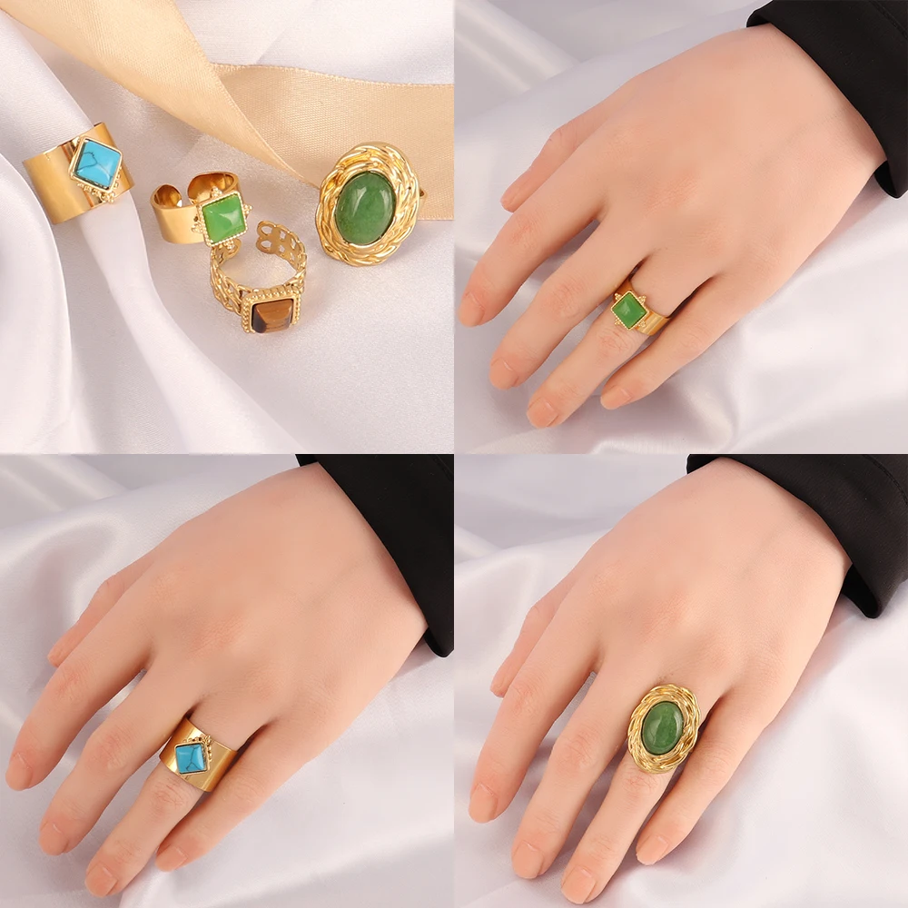 Vintage Geometry Colorful Stone Natural Ring Stainless Steel Ring Turquoise Charms Wide Chain Open Rings For Women Ring Jewelry
