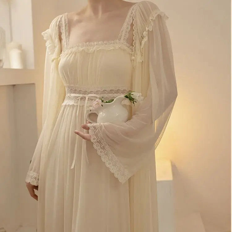 

New Female French Palace Style Princess Nightdress Nightgown Sexy Patchwork Lace Long Sleepwear Home Dress Rayon Loungewear