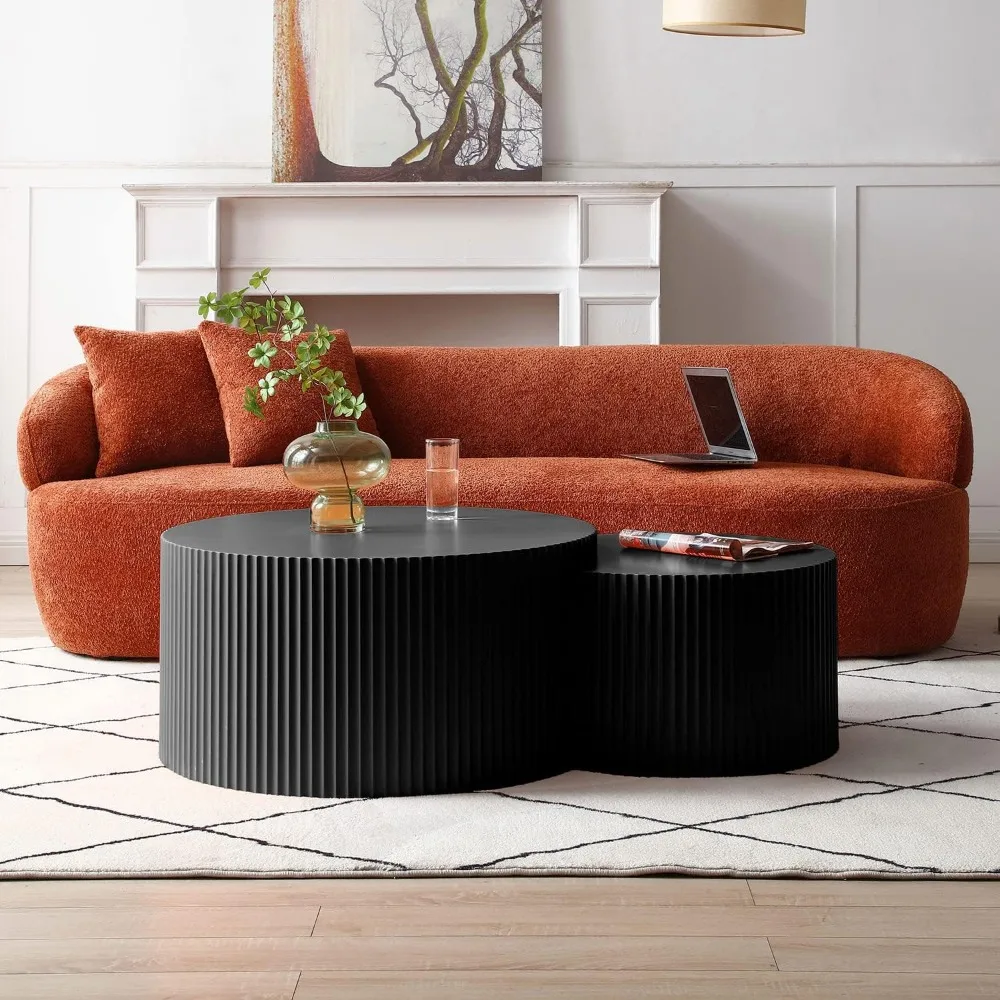 Modern Nesting Coffee Table Set of 2 Round Side End Table for Living Room, Wood Circle Drum Coffee Table Contemporary