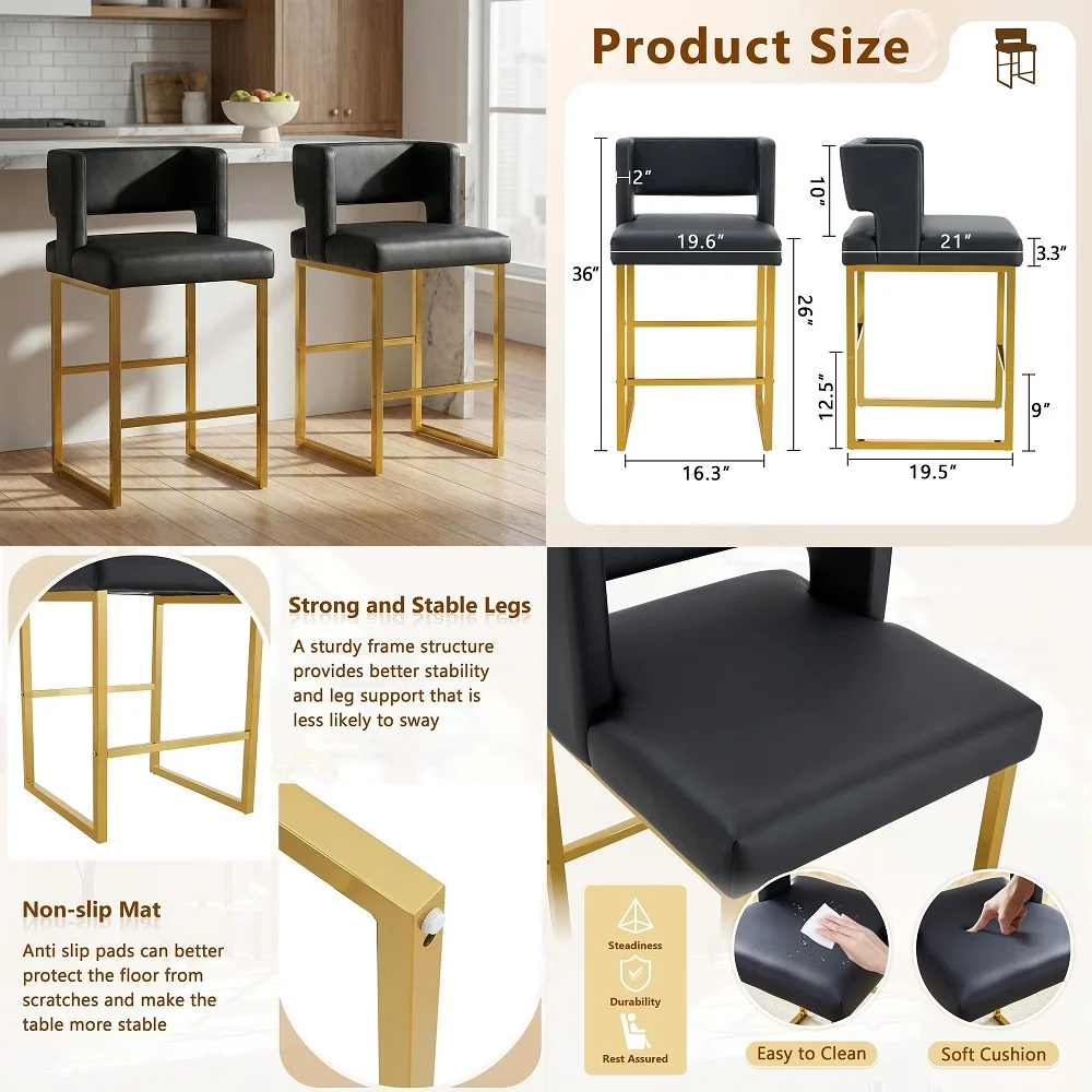 

26 Bar Stools Set of 2, Counter Height Bar Chairs, Modern Kitchen Island Stools with Back and Arm, Faux Leather Barstools with