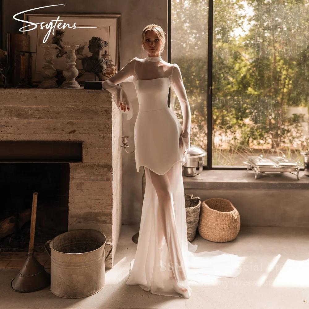 

SSYTENS Sexy Mini Wedding Party Dresses Women Long Sleeves High Quality Brides Dresses Satin Short Bridals Prom Gown Customized