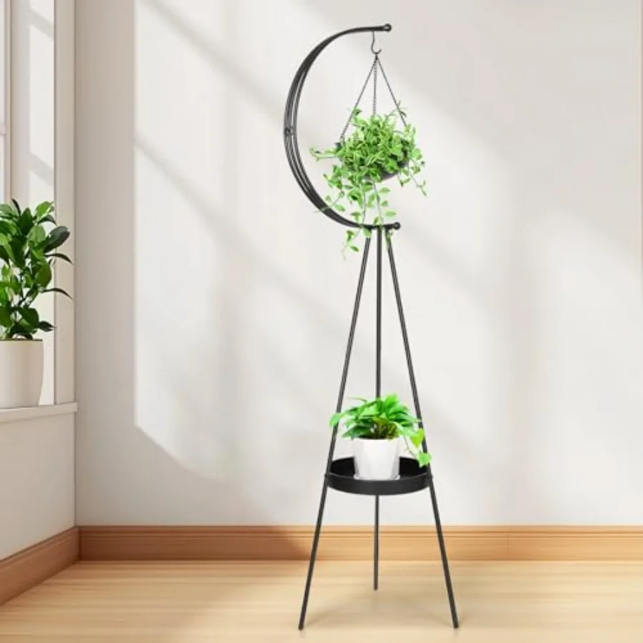 

Plant Stand, Metal Plant Holder Indoor Outdoor, Modern Iron Flower Pots Rack, Multifunctional Planter Display Shelf with Hangin
