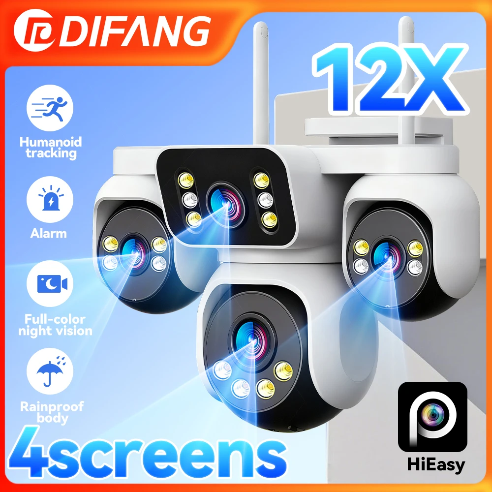 20MP 12X Digital Zoom WIFI Security Camera 4 Lens 4 Screens AI Auto Tracking PTZ Outdoor Surveillance CCTV Human Detection Alarm