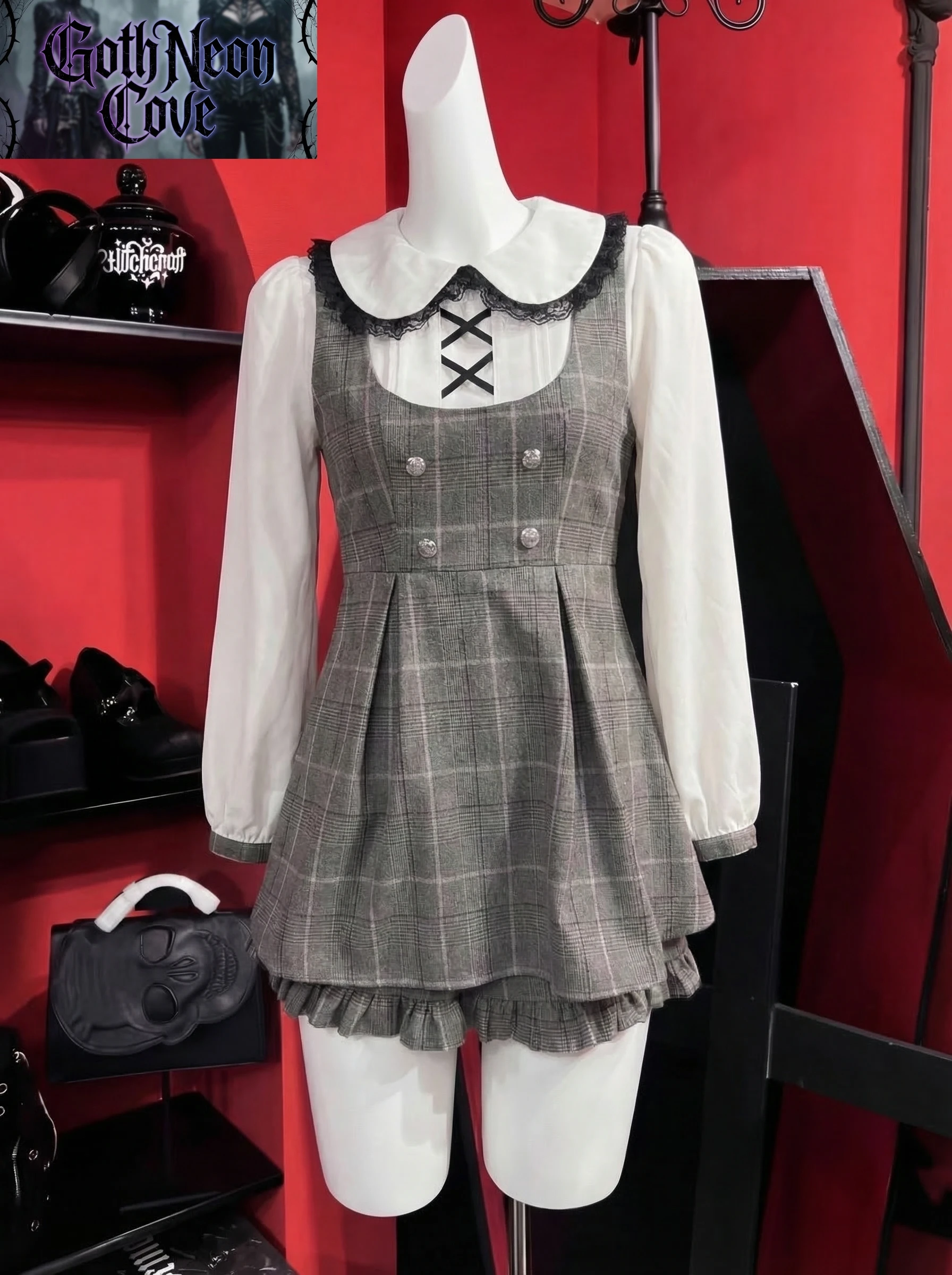 

Japanese High Street Vintage 2 Piece Set Women's Long Sleeve Doll Collar Plaid Dress + Slim Shorts Y2K Aesthetic Harajuku Set