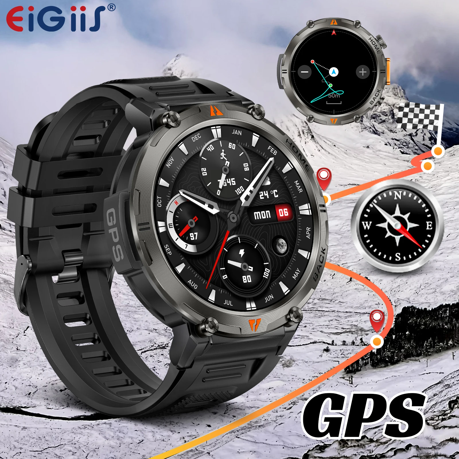 EIGIIS New KE3 Smart Watch for Men with LED Flashlight with Heart Rate Sleep fitness Monitor GPS Multiple Sport Mode Smart Watch