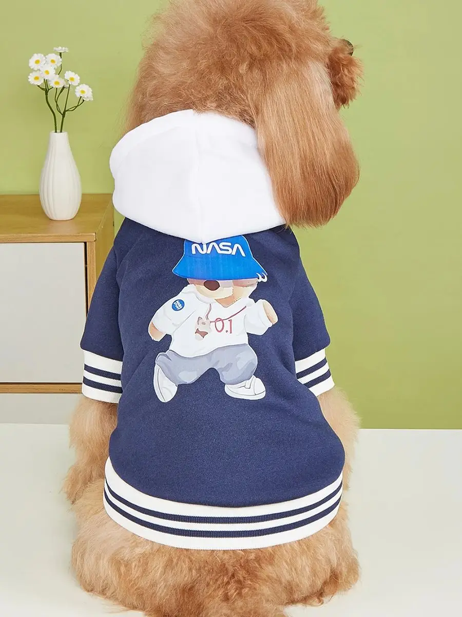 Pet clothes dog dog cat with hat jacket warm and comfortable clothes with running bear pattern white navy blue new piece
