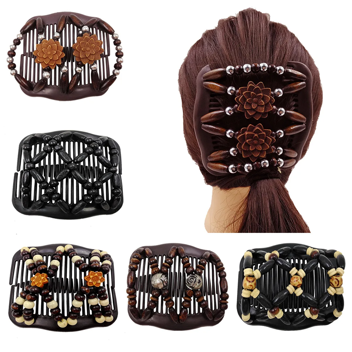 Vintage Magic Comb Clip Beads Pin Natural Wood Double Beaded Elastic Hairpin Hair Comb Beaded Hair Ladies Hair Accessories