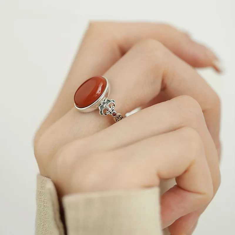 Retro Female Ring Red Oval Rings Adjustable Personalized Temperament Fashion Thai Silver Finger Jewelry KOFSAC