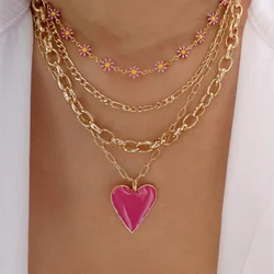 Vintage Gold-plate Punk Multi-level Flower Chain Drop Oil Red Heart Pendant Necklace For Women Girl Fashion Choker Trend Jewelry