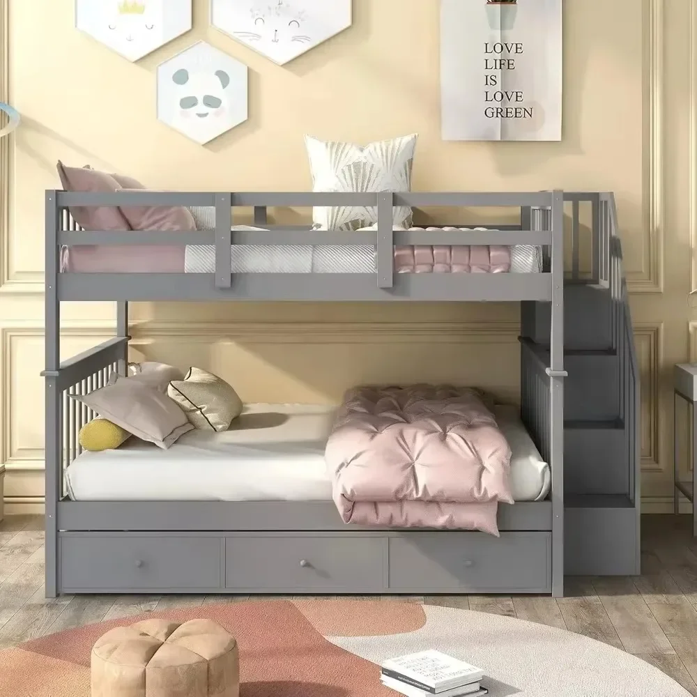 Beds Full Over Full Bunk Bed with Stairs Storage and Drawers Solid Wood Bunkbed can be Separated into 2 Platform Bedframe Gray