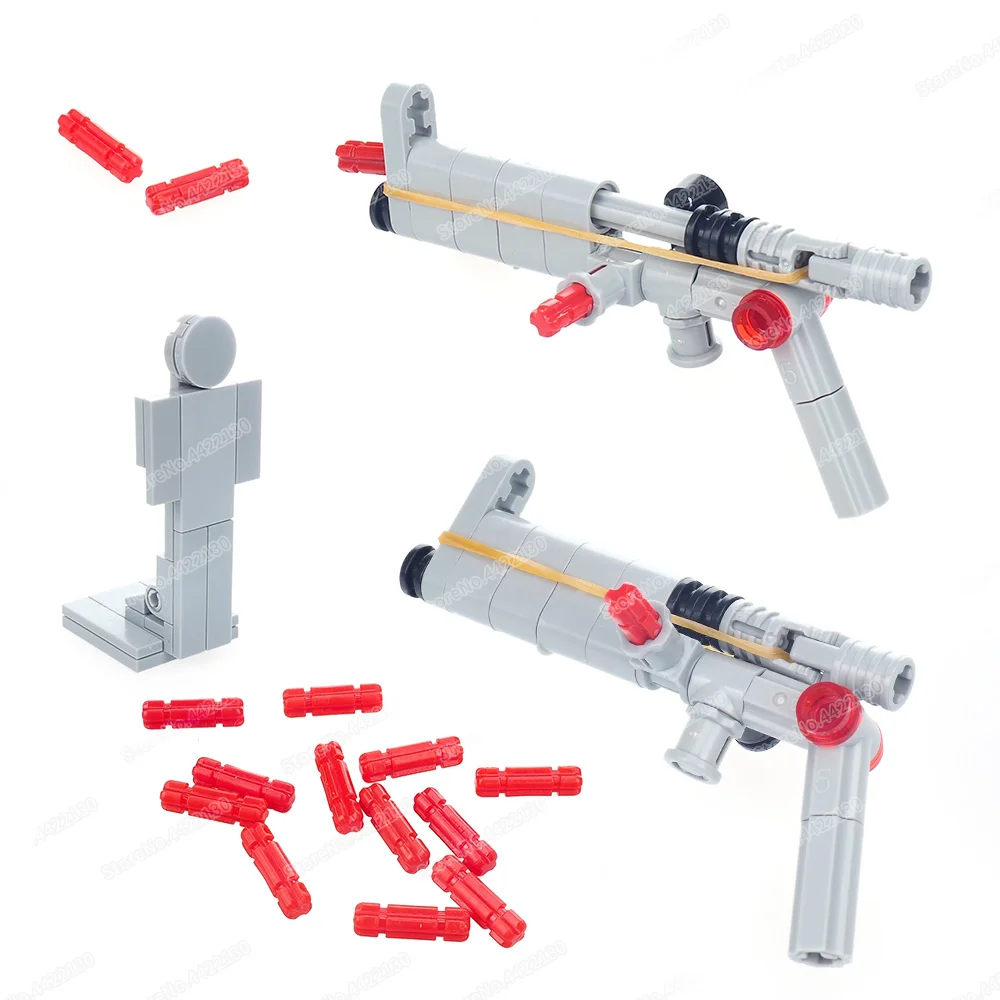 Mini militar armas adereços bloco de construção tubo duplo banda borracha único tiro bala emissão jogo modelo criança presente menino brinquedo diy